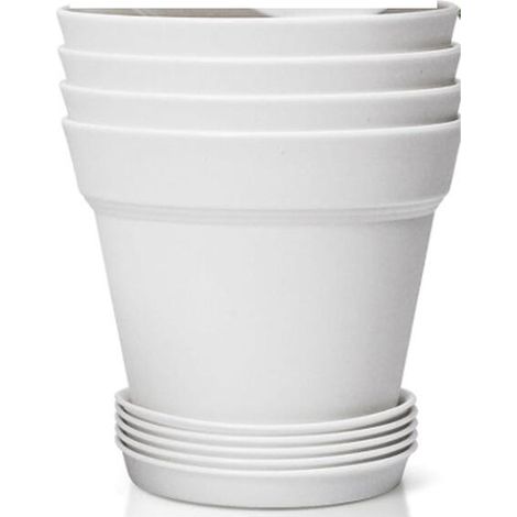 Maceta de plástico para interiores de 17 cm con platillo, juego de 4, macetas redondas con múltiples orificios de drenaje, color blanco. (1/5)
