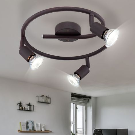 Deckenlampe Wohnzimmerleuchte Esszimmerlampe Spotleuchte Deckenstrahler, Metall braun rostfarben, 3 Flammig Spots verstellbar GU10, LED 3W 250Lm 3000K warmweiß, D 29 cm
