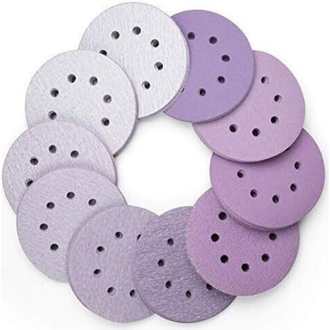 100 Pièces Disque de Ponçage 125mm tour Disques Abrasifs 60 80 100 120 180 220 240 320 400 800 Grain, 8 Trous, luxe, Durable, Exellent pour Excentrique Poncer Polir (Violet) (1/5)