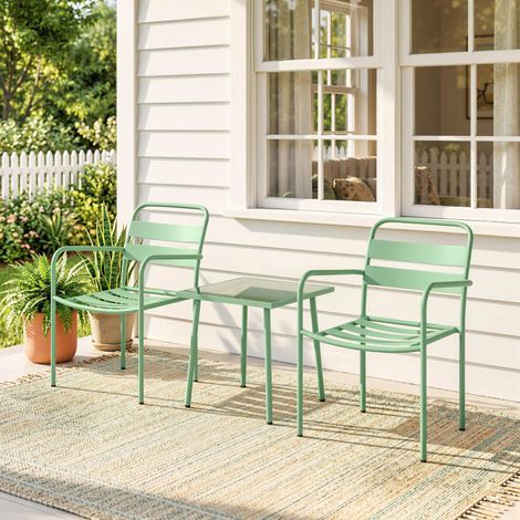 Ensemble bistrot de jardin 3 pièces - table basse en verre trempé et 2 chaises à lattes, cadre en acier galvanisé, vert (1/5)