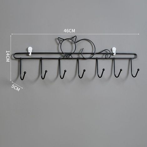 Wandgarderobe mit Klebefunktion, ohne Bohren, Regal mit 7 langen Haken für Kleidung und Hüte, Modell Schwarze Katze-lsw