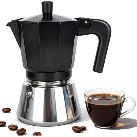Cafetiere Italienne, Moka Induction Cafetière Expresso Machine a Cafe, Tous Feux, Plaque de Cuisson en Acier Inoxydable, 6 Tasses, Aluminium pour Maison Bureau Camping, Noir 300ml (1/5)