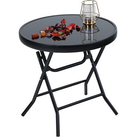 Klappbarer Gartentisch Glas Metall Rund Balkon Terrasse 46x46x48cm (1/5)