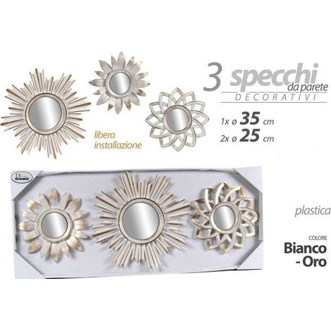 Kaela - Set 3pz Specchi Da Parete Decorativi Bianco Oro 25/35cm Specchio Plastica 823923 - (1/2)