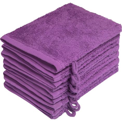 Lot de 10 Gants de Toilette en Tissu éponge, 100% Coton, Violet, 15 x 21 cm (1/5)