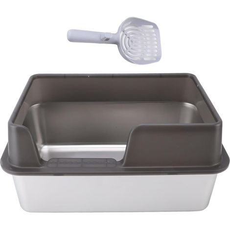 XXL Cat Litter Tray Stainless Steel Large Open without Lid High Edge Splash Proof with Scoop (1/5)