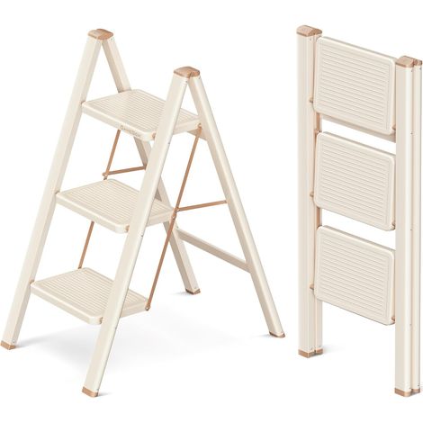 Escabeau 3 Marches pour Adultes, Échelle Pliante avec Base Antidérapante, Marches Élargies, Design Esthétique s'Intégrant Parfaitement aux Intérieurs Domestiques (1/5)
