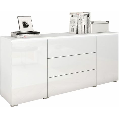 Cómoda Mirfivo 102, Blanco + Blanco brillante, Con cajones y puertas, Número de cajones: 3, 66x150x40cm, LED
