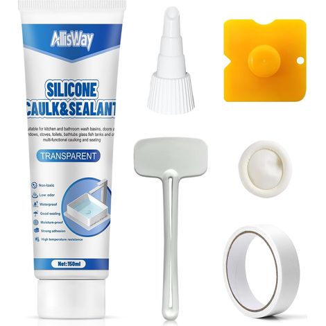 Joint Silicone Transparent, Silicone Transparent Salle de Bain, silicone Salle de Bain avec Ensemble D'outils Complet Liaison Solide, Bonne ÉtanchéIté, 150ml (1/5)