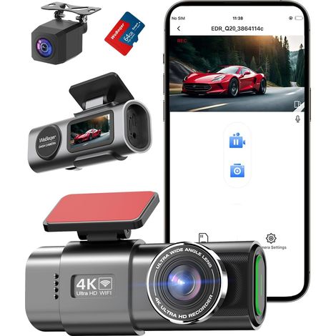 4K+1080P WiFi Front Rear Dash Cam with 64G SD Card, App Control, Night Vision, G-Sensor, Loop Recording, WDR (1/5)