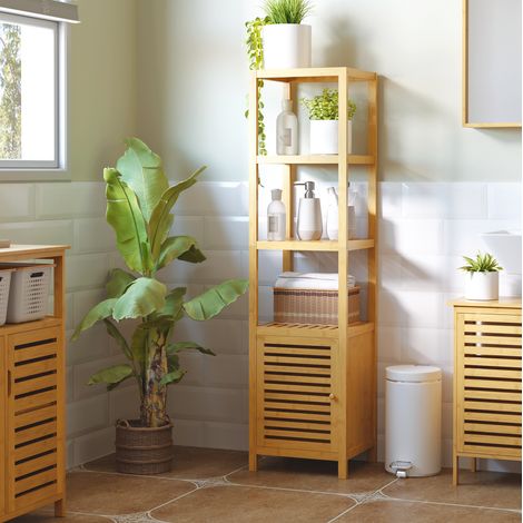 Armario de baño de bambú 36x33x140 cm, diseño estrecho, 3 estantes abiertos, puerta de lamas, madera natural (1/5)
