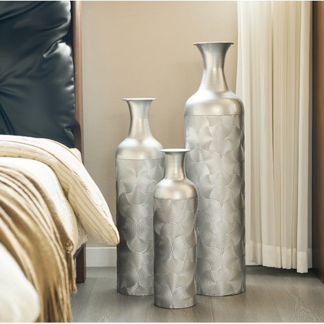 Set di 3 vasi da terra 24.48x23.5x91.96 cm, motivo in rilievo, base pesante, metallo, argento (1/5)