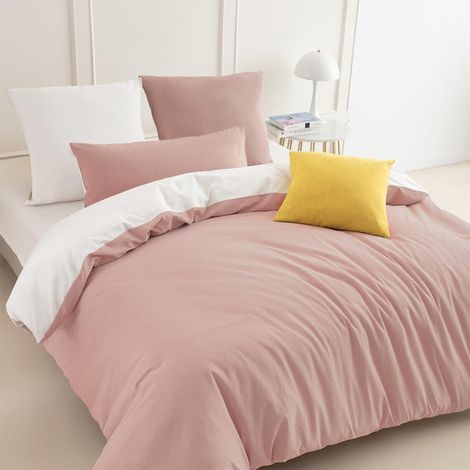 Parure de lit 180 x 200 cm en coton rose/blanc – Parure de lit 3 pièces douce, 100 % coton lavé, comprend 1 housse de couette 180 x 200 cm et 2 taies d'oreiller 80 x 80 cm avec fermeture (1/5)