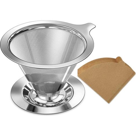 Dripper Cafetière Filtrante - Acier Inoxydable - Dégouttement Lent - Pour 1 à 2 Tasses - Filtres Papier Inclus (40 Pièces) (1/5)