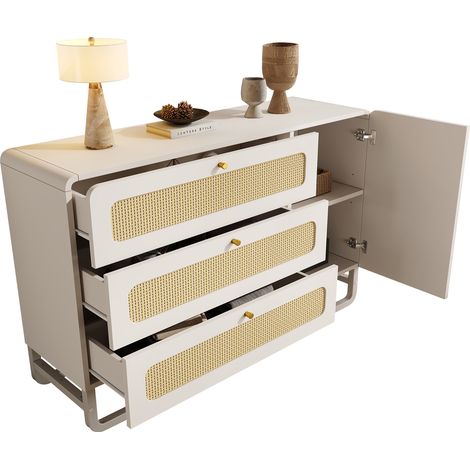 Cómoda con 3 Cajones y 1 Puerta, Estantes Regulables, Estilo Campestre, en MDF y Metal, Blanco, 120×40×85 cm (1/5)