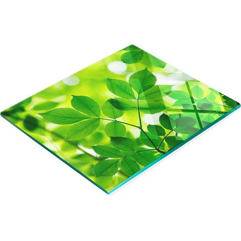Tablero decorativo multifuncional de vidrio templado con dise帽o de hojas verdes, 60x52 cm.