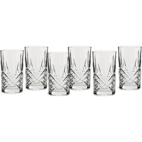 Verres à long drink, 6 pièces, 350 ml - Verres à highball en cristal robuste, aspect taillé avec structure en relief, forme cylindrique, lavables au lave-vaisselle, 13,8 x 7,7 cm (1/5)