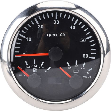Tachymètre 3 en 1 85 mm DC 9 à 32 V 6000 tr/min 8 16 V Jauge de tension E 1/4 1/2 3/4 F Niveau de carburant Rétroéclairage 7 couleurs pour voiture, bateau, camion, cadran noir, lunette argentée CX8295 (1/5)