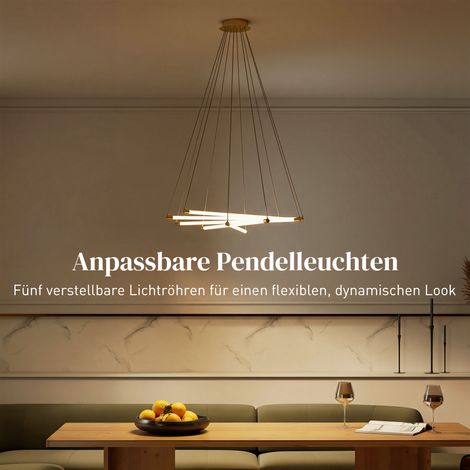 Lustre LED 50W, 5 spots lumineux réglables, parfait pour séjour, salle à manger, cuisine, couleur or et blanc