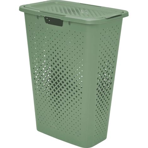SUNDIS Pixel, portabiancheria con copercho, 40l, plastica riciclata, verde salvia, ideale per piccoli spazi, 2 maniglie laterali e 1 maniglia inferiore, ventilazione su 4 lati (1/4)