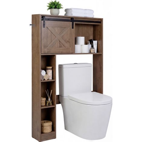 Meuble de salle de bain autoportant marron foncé en bois et MDF avec porte coulissante et tablettes, pour buanderie et salon (1/5)