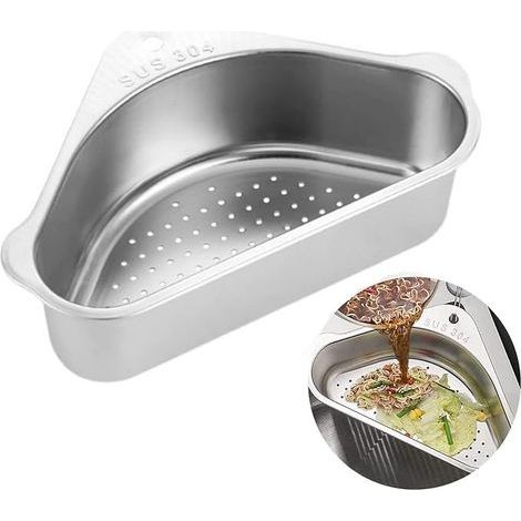 Ein silberner Abtropfkorb aus Edelstahl 304 – ein dreieckiger Spülbecken-Siebkorb, eine Spülbecken-Siebschale und ein multifunktionaler Spülbecken-Organizer zum Filtern von Speiseresten und Waschen vo