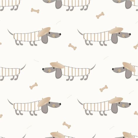 Sausage Dog Wallpaper Dachshund With Beret Beige Grey Neutral Feature Wall (1/4)