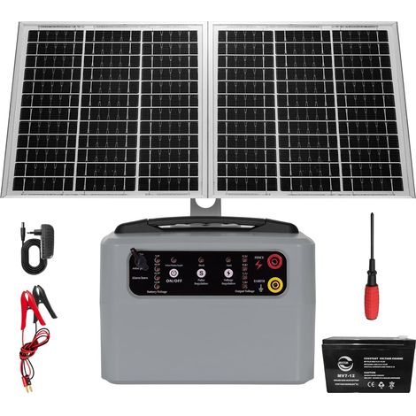 48 KM Clôture Électrique Solaire, 6–12 KV, 0,3–1,5 J Panneau Solaire 15 W et Batterie Plomb-Acide 12 V 7 Ah Intégrée pour Bovins, Volailles et Autres Animaux (Gris) (1/5)