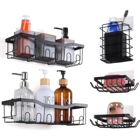 Étagère de douche, organiseur de salle de bain sans perçage, support de rangement autocollant, étagère murale antirouille pour salle de bain, cuisine et plan de travail (noir, lot de 5) (1/4)