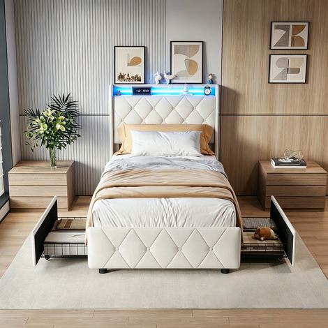 JOOKGBD-Polsterbett 90x200cm mit LED-Beleuchtung und Stauraum,Jugendbett mit USB-Ladefunktion & schubladen,Bett mit Lattenrost und Gepolstertes Kopfteil,Samt,ohne Matratze,Beige