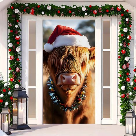 Rideau de porte de Noël 2026, bannière extérieure avec fond photo Père Noël et chien, tissu à suspendre - 90 x 180 cm (rainure + ruban) - 37