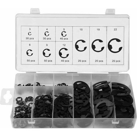 Kit Anneau Circlip en ,200 Pièces 3mm-22mm Type E Anneau de Retenue en A3 steel Assortiment avec Boîte de Rangement pour Atelier,9 Tailles, (1/5)
