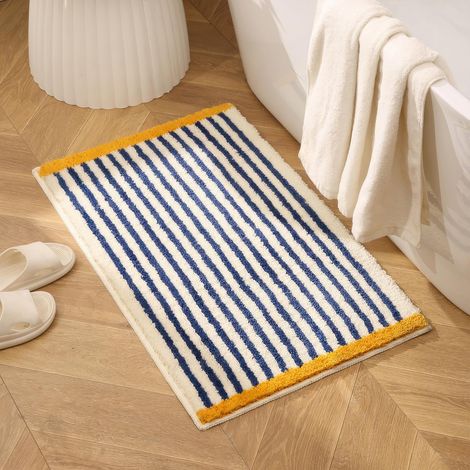 Tapis de bain à rayures bleues et blanches avec bordure jaune, antidérapant, absorbant, moelleux, lavable en machine, pour salle de bain, baignoire ou cuisine, 50,8 x 78,7 cm (jaune) (1/5)