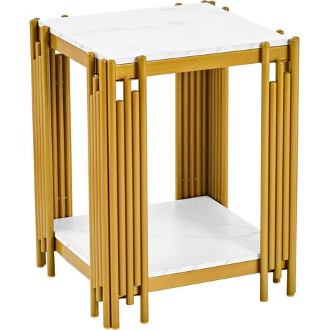 CHICFURN Mesa auxiliar de noche con 2 baldas, marco de metal dorado con efecto brillo, estilo mármol blanco, MDF para dormitorio, salón y recibidor, 55 x 43 x 40 cm (1/5)