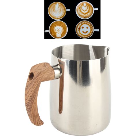Tasse à latte art avec poignée en bois et bec verseur pointu, pichet à latte art avec graduation interne, tasse à café élégante, mousseur à lait, couleur naturelle, 1000 ml. (1/5)