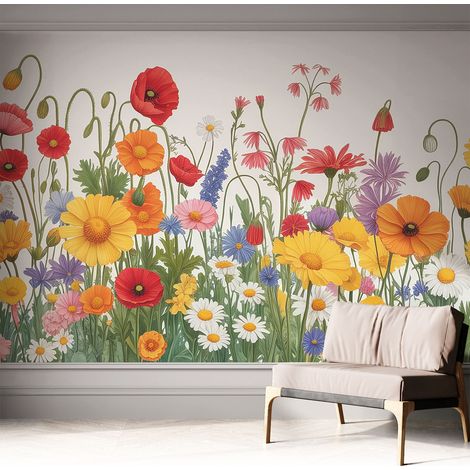 Papier peint autocollant décoratif à motifs pour salon chambre et bureau Tapete adhésif pour décoration Prairie fleurie 312x219 cm (1/5)
