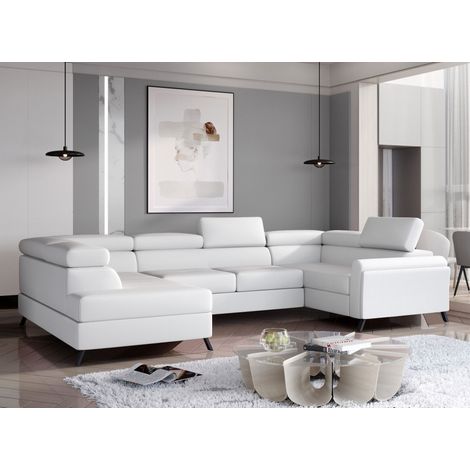 Canapé panoramique convertible SKADA simili cuir – Rangement et appuis-têtes réglables à gauche-Blanc-Coffre à gauche (1/5)