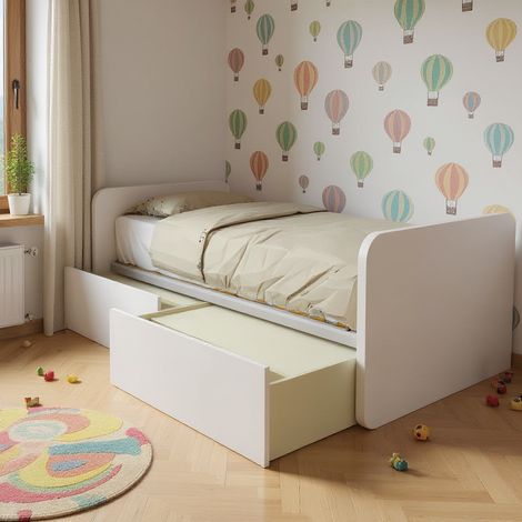 Letto singolo con cassetti 80x190 per cameretta - Design personalizzabile - Bianco