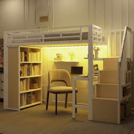 Lit Mezzanine 90x200 cm avec Bureau et Escalier de Rangement - Éclairage LED, Cadre Métal, Blanc (1/5)