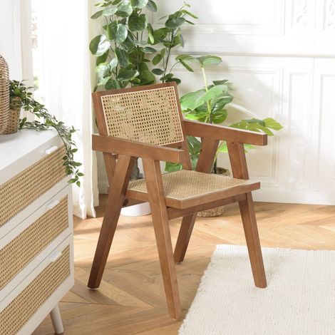 AGATHE - Fauteuil en bois d'Hévéa foncé dossier et assise rotin naturel (1/5)
