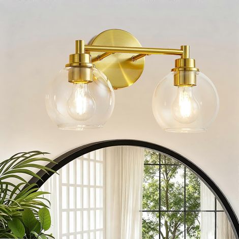 Goldene Badezimmer-Wandleuchte, 2-flammige Wandleuchte mit Glasschirmen für Badezimmer oder Schlafzimmer, E26-Fassung