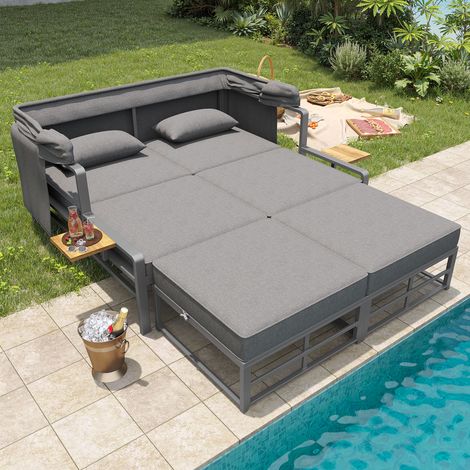 Ensemble salon de jardin 2-4 personnes, transat & chaise longue 2 places avec pare-soleil pliable, canapé extérieur pour terrasse, balcon, jardin