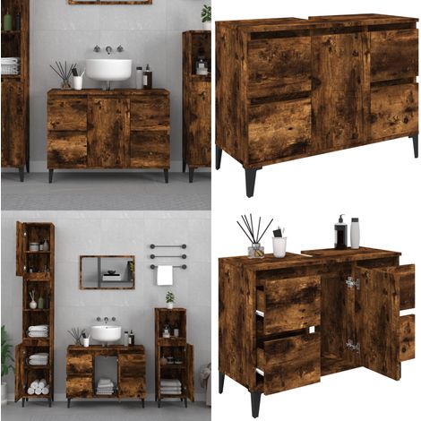 Meuble d'évier chêne fumé 80x33x60 cm bois d'ingénierie - Armoire De Salle De Bain - Meuble Vasque - Meuble Sous Évier - Rangement Salle De Bain - Meuble Design - Home & Living