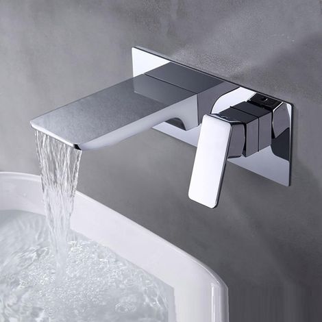 Mitigeur lavabo mural noir et argent cascade, robinet salle de bain moderne, mélangeur eau chaude froide en laiton avec bec cascade design élégant (1/4)
