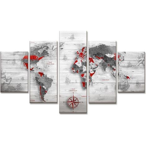 Lupia - Quadro moderno 5 pezzi su tela Grande Vogue 105x160 cm World's Map White (1/4)