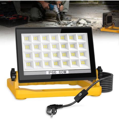 Projecteur LED Chantier 60W 6000K, Lampe de Chantier Éclairage 3 Modes, Étanche IP66, Avec Prise et Cordon de 4M, Portable Pour Garage, Atelier (1/5)