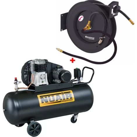 Nu Air – Compresseur d'air à piston 200 litres – Débit 24 m³/h – Pression max 20 bar – Enrouleur automatique 20 mètres – 3 CV pour professionnels (1/2)