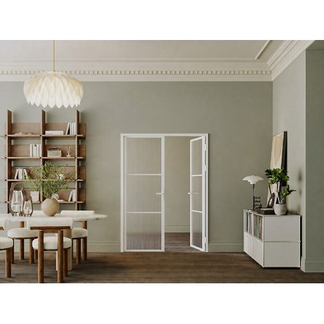 Blocco porta reversibile a battente in Alluminio e Vetro temperato Testurizzato - 2 x H204 x L73 cm - Bianco - MASERU