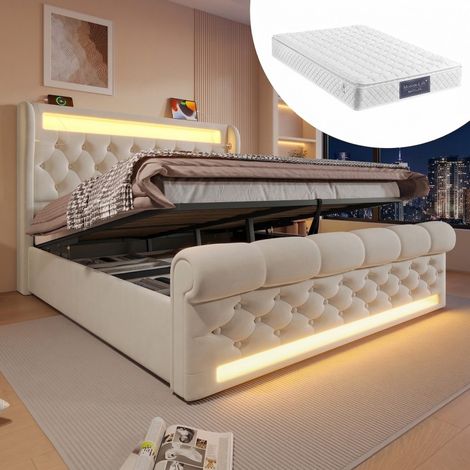 Lit Double 140x200 avec LED, Rangement Hydraulique, USB/Type-C, Velours Beige + Matelas (1/5)