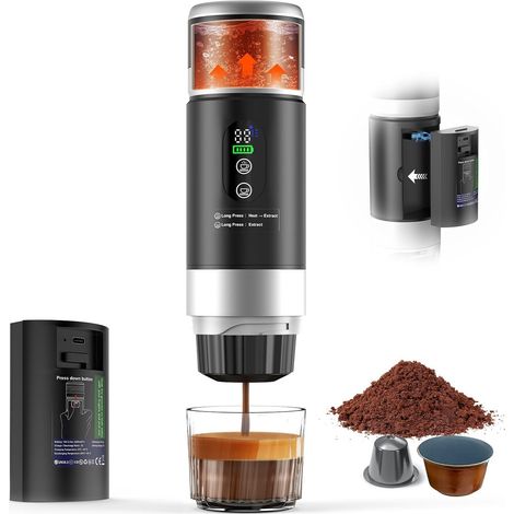 Cafetière Portable 3 en 1,batterie amovible, Cafetiere Rechargeable Expresso Machine a Cafe compatible avec capsules , et café moulu, pour Bureau, Maison, Voyage (1/5)